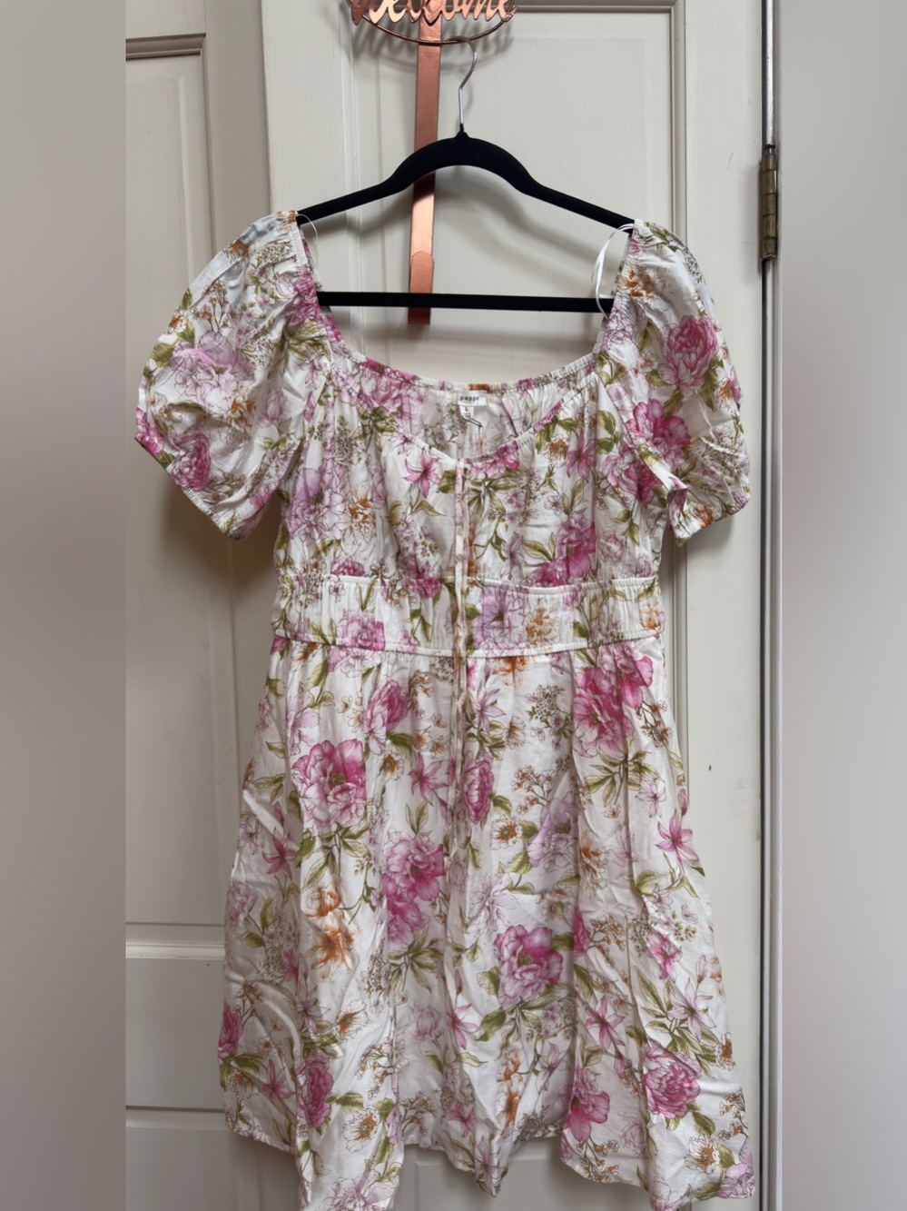 Blu Peppr Floral Puff Sleeve Mini Dress White Pink Cottagecore Size Large NWT